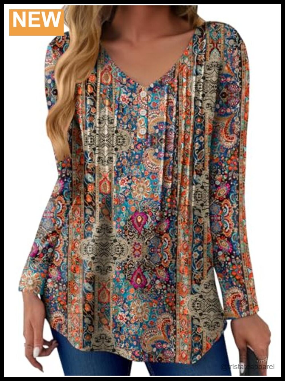 Zeagoo Womens Long Sleeve V-Neck Pleated Tunic Top Floral Print Casual